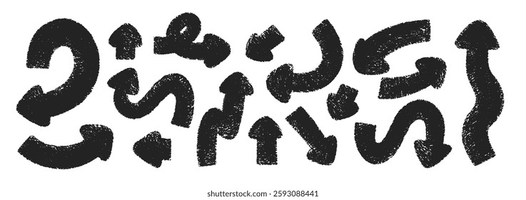 Conjunto de flechas diferentes con textura de crayón, tiza o pastel. Dibuja Elementos dibujados a mano para el diseño de la escuela. Ilustración vectorial negra sobre fondo blanco.