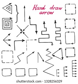 Set of different arrows drawn on white. Lettering.
