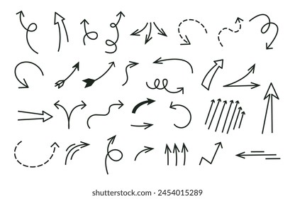 Set of different arrows hand drawn. Anime manga hand drawn effect set. Doodle icons. Collection of pointers. Vector illustration