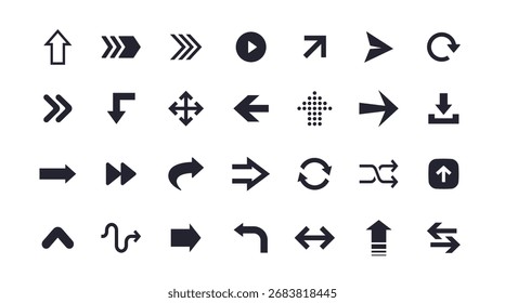 Conjunto de diferentes iconos de flechas. Señales con indicadores de dirección rectos y curvos, Descarga y símbolos de reinicio. Diseño para Sitio web y App. Colección de Ilustración vectorial plana aislada sobre fondo