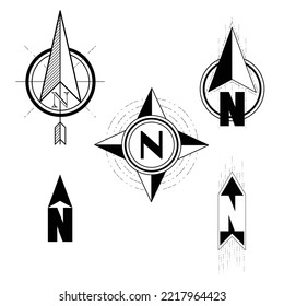 Set of different arrows for north compass icons. Geography direction simple pictograms