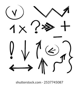 A set of different arrows, numbers and punctuation marks drawn by hand. Question mark, exclamation mark, minus, plus and parenthesis