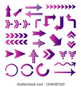 Set of different arrows, purple gradient. Vector illustration