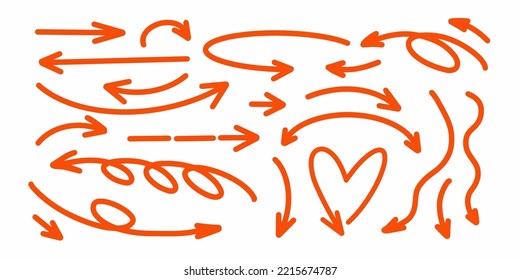 A set of different arrows of different shapes in the doodle style. Different arrow directions. The shape of the heart. It can be used in the design of presentations, banners, posters, stickers. Vector
