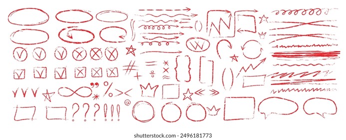 Set of different arrows speech bubbles, symbols, punctuation marks, asterisks, colons, underlines, crossouts drawn in red chalk, charcoal or pencil. Vector elements bubbles wavy lines, swoosh