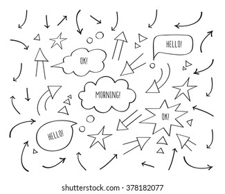 Set of different arrows and speech bubbles. Hand drawing elements. Doodles, sketch for your design. Black and white. Vector.