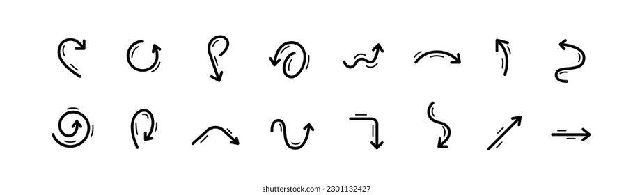 Set of different arrows. Straight and curvy. User interface. Pixel perfect, editable stroke icons set