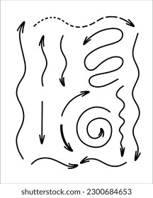 A set of different arrows and swirls on a transparent background. Dynamic lines. Vector art