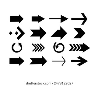 Set different arrows or web design. Arrows set of 16 arrow icon collection. Black arrow flat style isolated on white background. Modern simple arrow or cursor illustration.