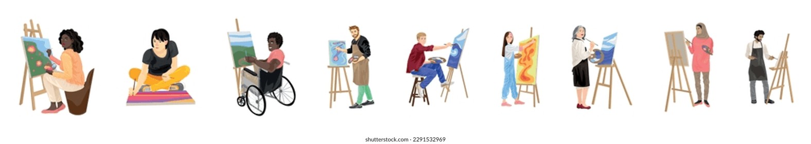 Set of different artists painting pictures on white background