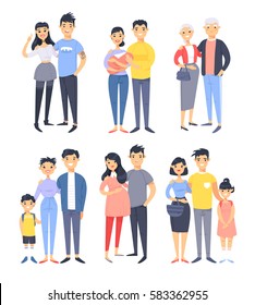 Set of different asian couples and families. Cartoon style people of different ages (young and elderly), with baby, boy, girl, pregnant woman