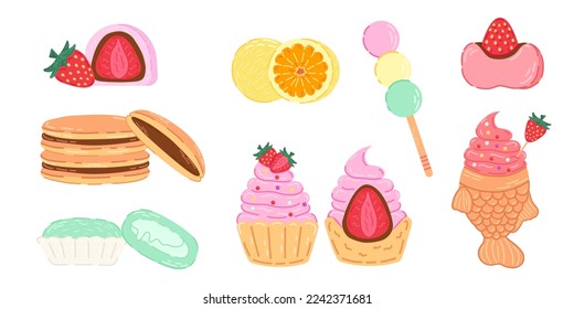 Set of different asian sweets: daifuku, dango, taiyaki, dorayaki, mochi.