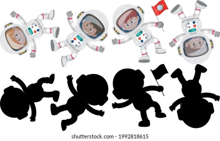 Set of different astronauts cartoon character with silhouette illustration