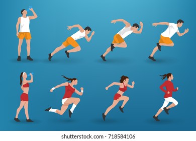 Set of different athlete man and woman silhouettes running, jogging or sprinting