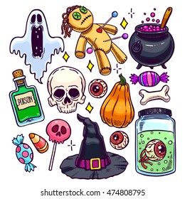 Set of different attributes of Halloween. hand-drawn illustration