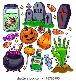Set of different attributes of Halloween. hand-drawn illustration