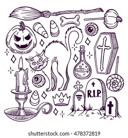 Set of different attributes of Halloween. hand-drawn illustration
