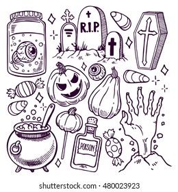 Set of different attributes of Halloween. hand-drawn illustration