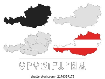 Set of different Austria maps with national flag. Navigation line icons. Vector illustration.