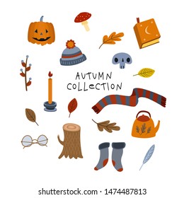 Set of different autumn elements. My lovely autumn! Favorite things for pleasure: pumpkin, fall leaves, mushroom, hat, scarf,  socks, notepad, candle, kettle and other.