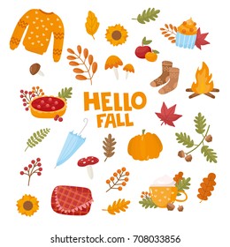 Set of different autumn elements. Warm plaid, fall leaves, mushroom, pumpkin, berries and other. Hello Fall! Happy Thanksgiving Day.