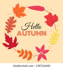 Set of different autumn foliage. Fall leaves collection. Hello autumn greeting card template. Flat style vector design