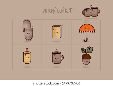 Set of different autumn icons. Warm scarf, fall leaves, oak fruit, book, candle, umbrella and hot coffee. Hello Fall again!