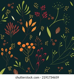 Set aus verschiedenen Herbstblättern, kleinen Blumen und botanischen auf dunklem Hintergrund, Dekoration für Karten, Verpackung, Einladungen, Poster Grüße, Cover.