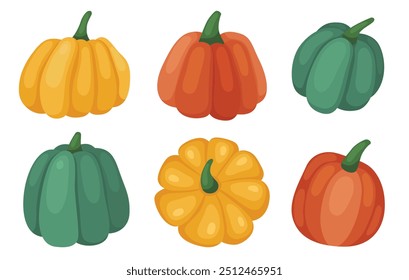 Set of different autumn pumpkins. Orange, yellow and green pumpkin and squash. October, fall, harvest time. Autumn vegetables. Vector illustration isolated on white.