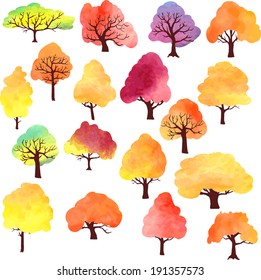 set of different autumn trees painted by watercolor, vector illustration