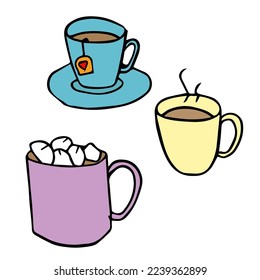 Set of different autumn and winter drinks vector illustration. Hand drawn cup with cappucino, pumpkin latte, hot chocolate, cacao, tea isolated on white background.