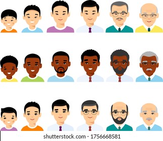 Set of different avatar african american, european, china  peoples in colorful flat style.
Collection of various avatars of international male, age men, boy, children.
