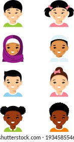 Set of different avatar arab, african american, european, asian  children faces  in colorful flat style.
Collection of various avatars of international kids. Vector illustration of cartoon people face