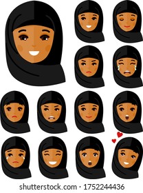 Set of different avatar arab  female people in colorful flat style.
Collection of various emotion expression arabic avatar woman-happy, angry, sad, funny.
