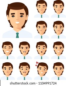 Set of different avatar people male in colorful flat style. Collection of various emotion expression avatar man happy, angry, sad, funny.