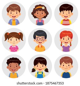 Set of different avatars of boys and girls are smiling on the gray circle flats. Set avatars portraits of boys and girls. Vector illustration