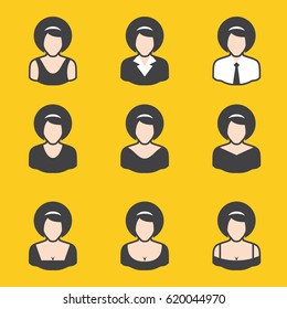 Set of different avatars female of on yellow background. It can be used for a website, mobile application, presentation, corporate identity design, wherever you decide that you need is. 