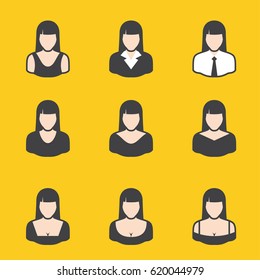 Set of different avatars female of on yellow background. It can be used for a website, mobile application, presentation, corporate identity design, wherever you decide that you need is. 