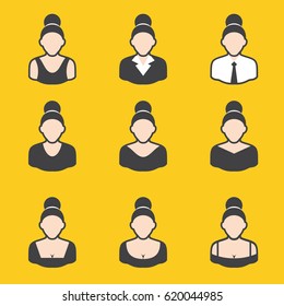 Set of different avatars female of on yellow background. It can be used for a website, mobile application, presentation, corporate identity design, wherever you decide that you need is. 