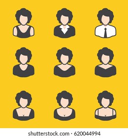 Set of different avatars female of on yellow background. It can be used for a website, mobile application, presentation, corporate identity design, wherever you decide that you need is. 