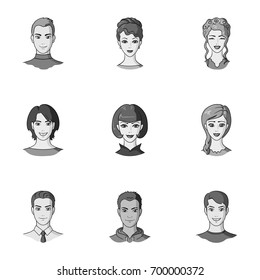 Set of different avatars girls and men. Avatar and face icon in set collection on monochrome style vector symbol stock illustration.