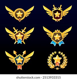 Un conjunto de diferentes insignias de premio con una estrella en un círculo y alas en los lados sobre un fondo oscuro. Medallas de juego por logros