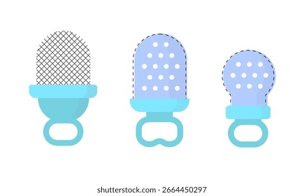 Conjunto de diferentes mamadeiras: com malha e tampa de silicone com buracos. Alimentadores de bebês estilo desenhos animados para a primeira alimentação contemporânea.