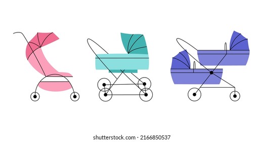 Set of different baby prams on white background.  Carriage, buggy, and stroller for twins.  Transportation of children. Vector flat illustration