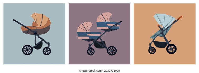 Set of different baby strollers. Modern baby carriages for twins and newborns. Hand drawn vector illustration isolated on colored background, flat cartoon style.