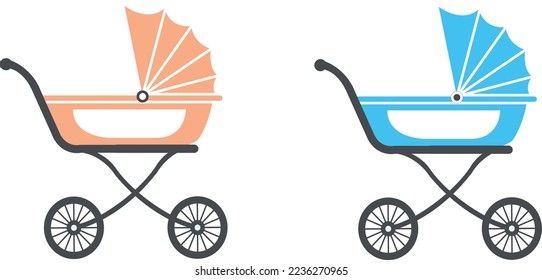 Set of different baby strollers. Modern baby carriages for twins and newborns. Hand drawn vector illustration isolated on colored background, flat