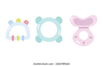 Set von verschiedenen Babyklammern. Einfache, süße Silikon-Teebeutel zum Anbinden von Kleinkindern, flache Vektorgrafik. Teething Spielzeugsymbol im Teppichstil. Kleinkinder, die den ersten Zahn beißen