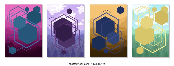 Set of different backgrounds for design. Hexagons on nature background. Pink sunset, pine forest and blue sky. Mountains and summer nature. Vector flat illustration for design.