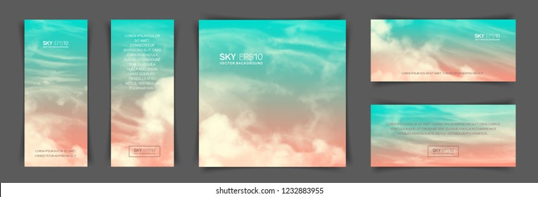 Set of different backgrounds with realistic pink-blue sky and clouds. The image can be used to design a banner, flyer and postcard.