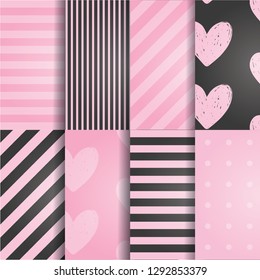 Set of different backgrounds with stripes and hearts in pink and black colours. Vector illustration